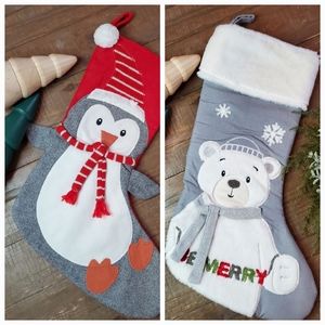 NWOT 2Pc Loving-kindness 3D Faux Fur Polar Bear & Penguin Christmas Stocking Set